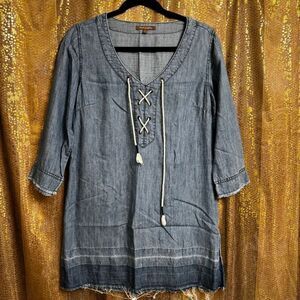 Michael Stars Blue Frayed Chambray Linen Blend Tunic Lace Up Jean Dress Small